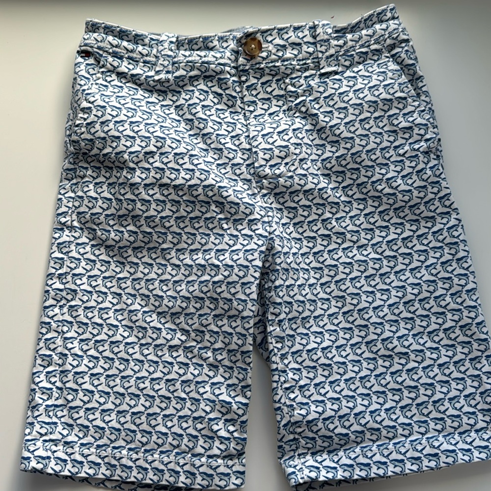 Tommy Hilfiger adaptive shorts in shark print, adjustable waist, Velcro closure